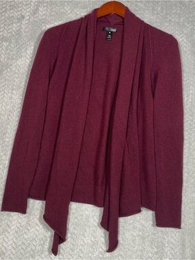 AQUA 100% Cashmere Draped Open Front Cardigan XS Burgundy Wine Quiet Luxury